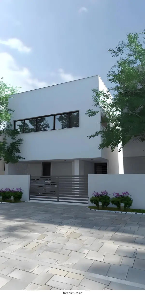Modern White House with a Grey Gate and  Green Bushes