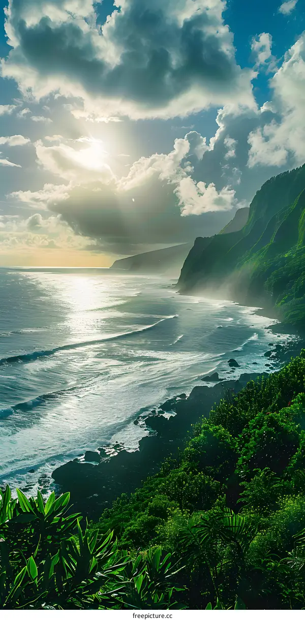 Ocean Coastline with Lush Green Vegetation and Cloudy Sky