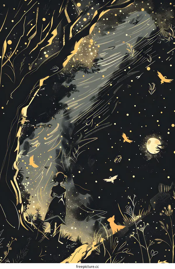 Girl Standing in Forest with Cat and Birds