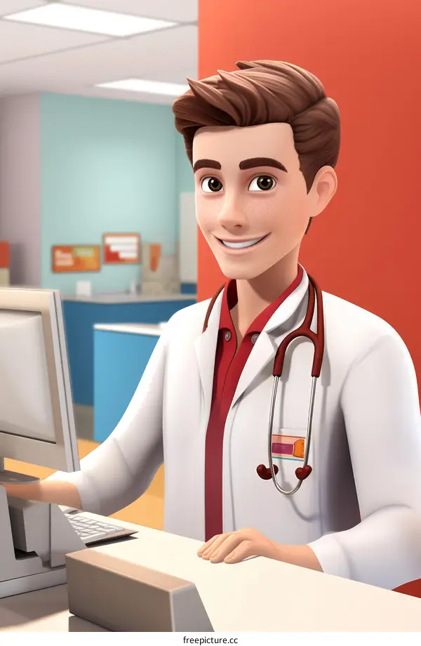 Illustration of a male doctor in a white coat and red shirt using a computer
