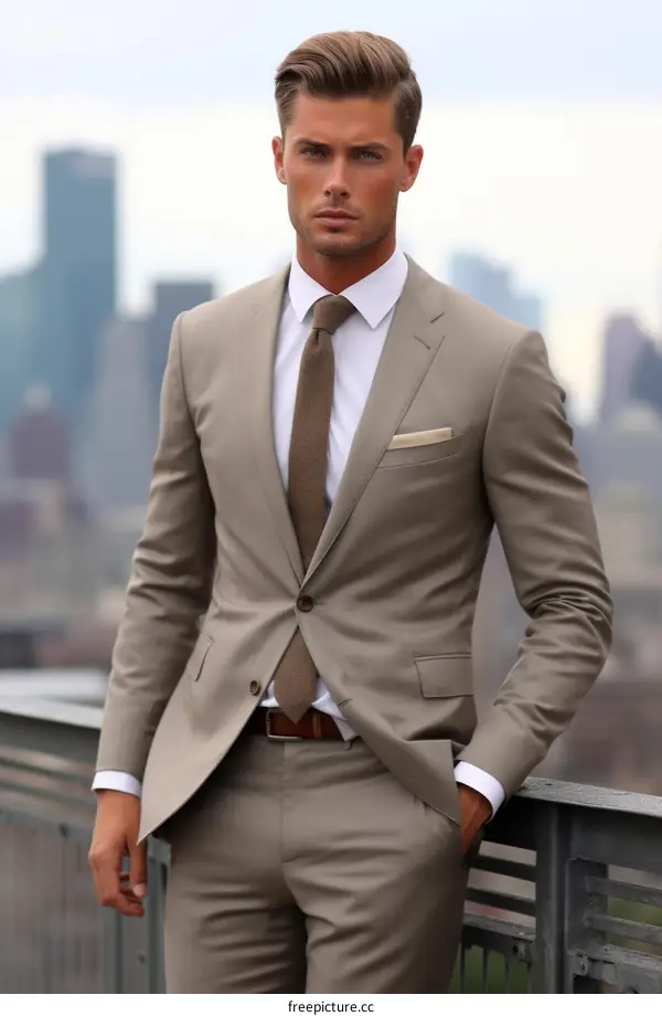 A man in a brown suit standing on a rooftop overlooking a city