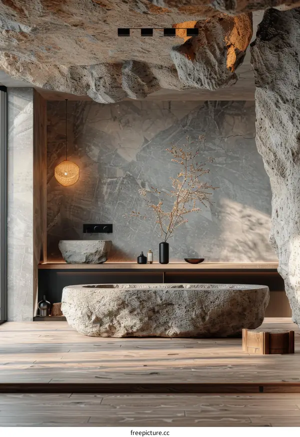 Modern Cave-Inspired Stone Bathtub Interior Design