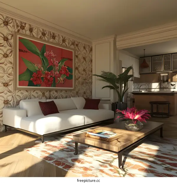 Living Room Interior Design With White Sofa And Floral Pattern Wallpaper