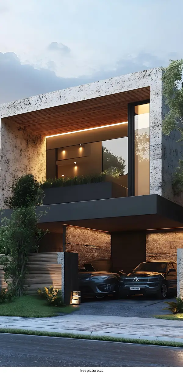 Modern Minimalist Concrete House with Garage and Garden