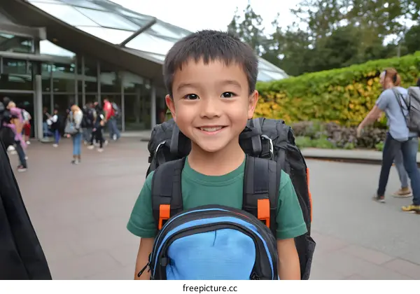Smiling Boy With Backpack Outdoor