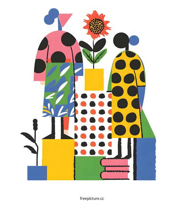 Abstract Illustration of Three People with Geometric Shapes and a Sunflower