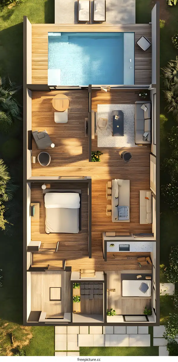 Top Down View of a Modern Home with Pool and Landscaping