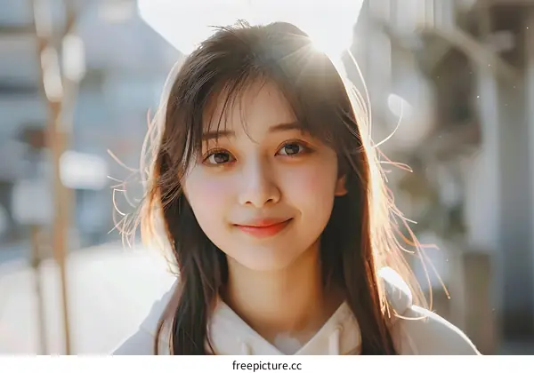 Young Asian Woman Smiling Outdoors With Sunshine