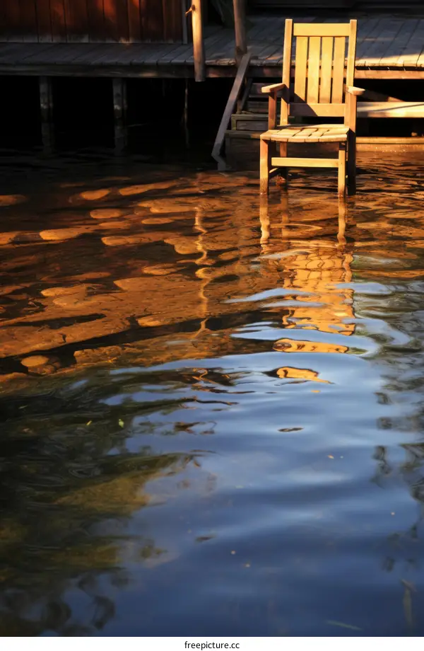 Wooden chair sitting on the edge of a dock over calm lake water