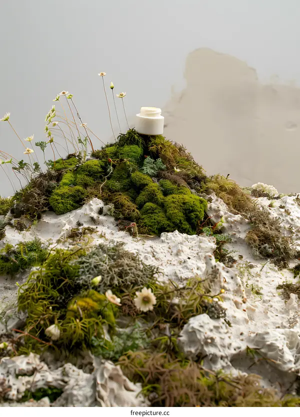 White Jar On Green Mossy Hill With Flowers