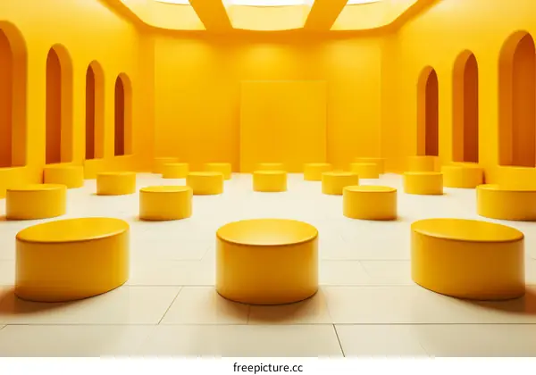 A large room with yellow walls and floor with yellow cylindrical podiums