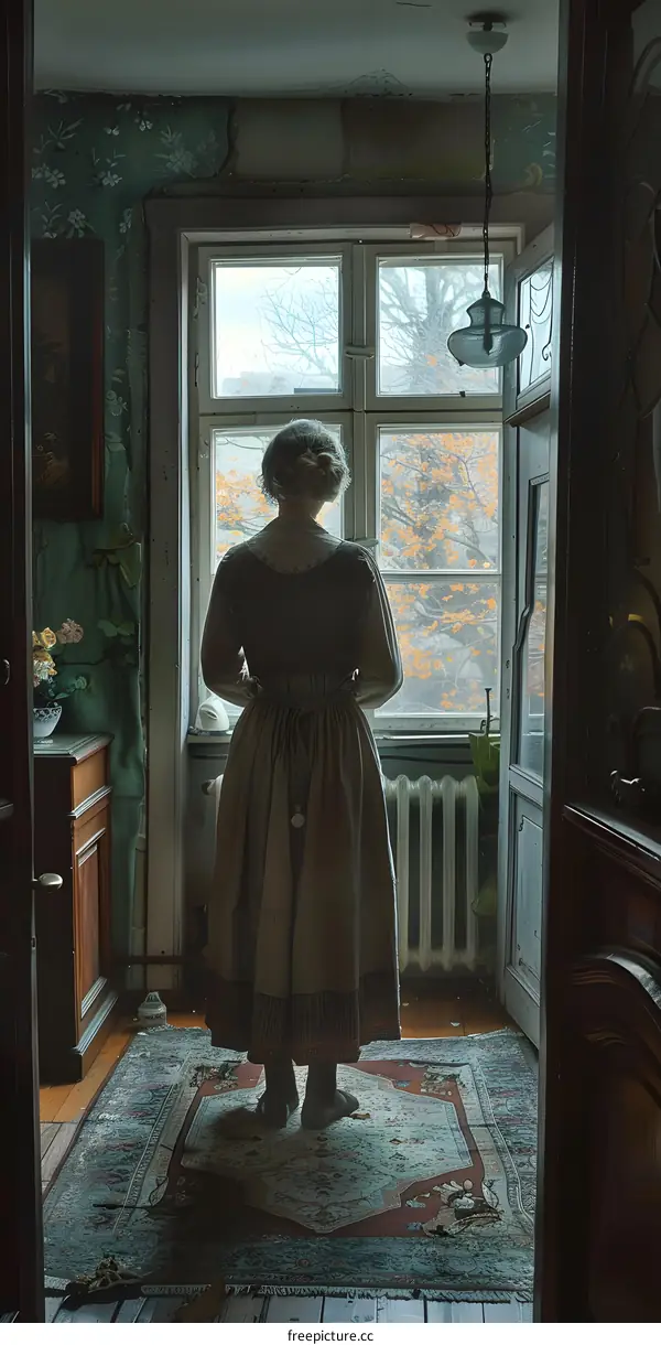 A woman standing in front of a window looking out at the autumn leaves