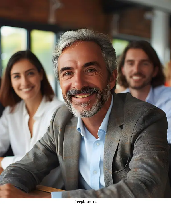A group of business professionals smiling at a conference