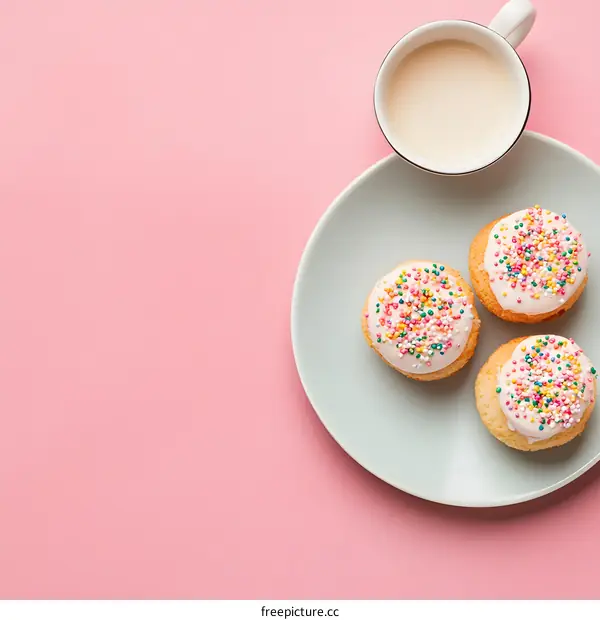 Pink Iced Cookies with Sprinkles and Coffee on a Pink Background