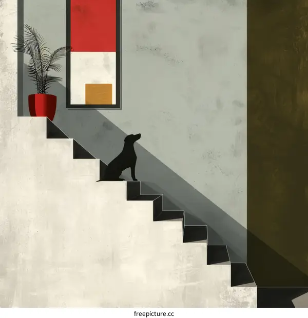 A dog sitting on the stairs looking out the window