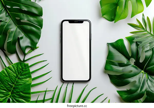 White Background With Green Leaves and Smart Phone