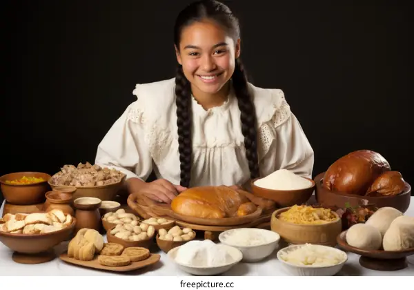 Portrait of a smiling young woman in traditional dress with various food items displayed in front of her.