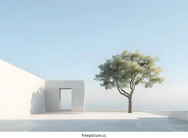 Minimalist Architecture Design with Tree and Open Door