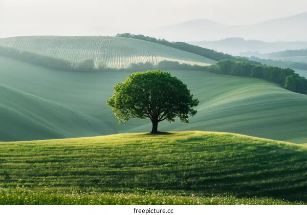 Solitary Majestic Oak Tree on Rolling Green Hillside