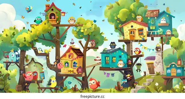 Cute Cartoon Birds Living In Tree Houses Illustration
