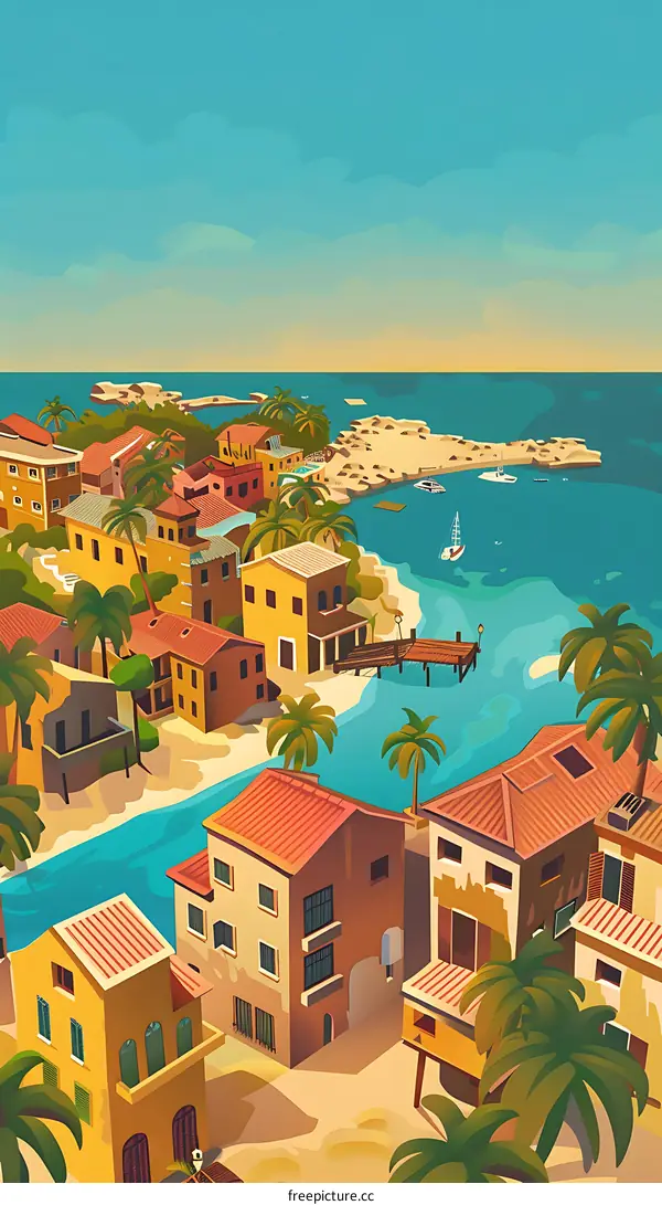 Mediterranean Coastal Town Summer Illustration