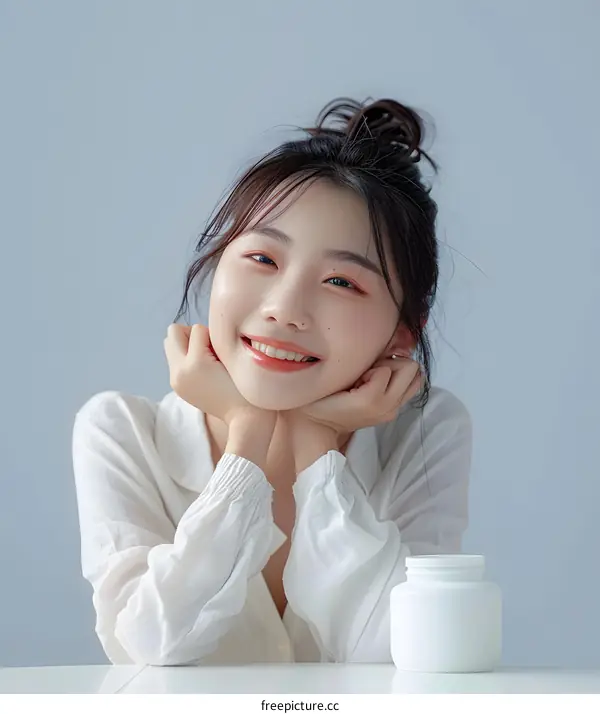Smiling Asian Woman With White Shirt Sitting At Table