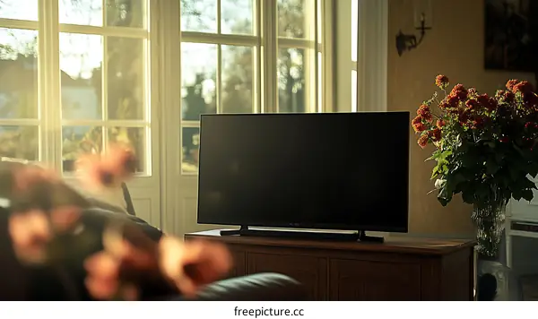 Cozy Living Room with Television and Flowers