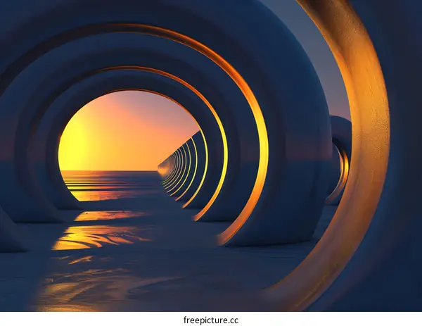 Abstract Architecture With Circular Tunnel and Sunset