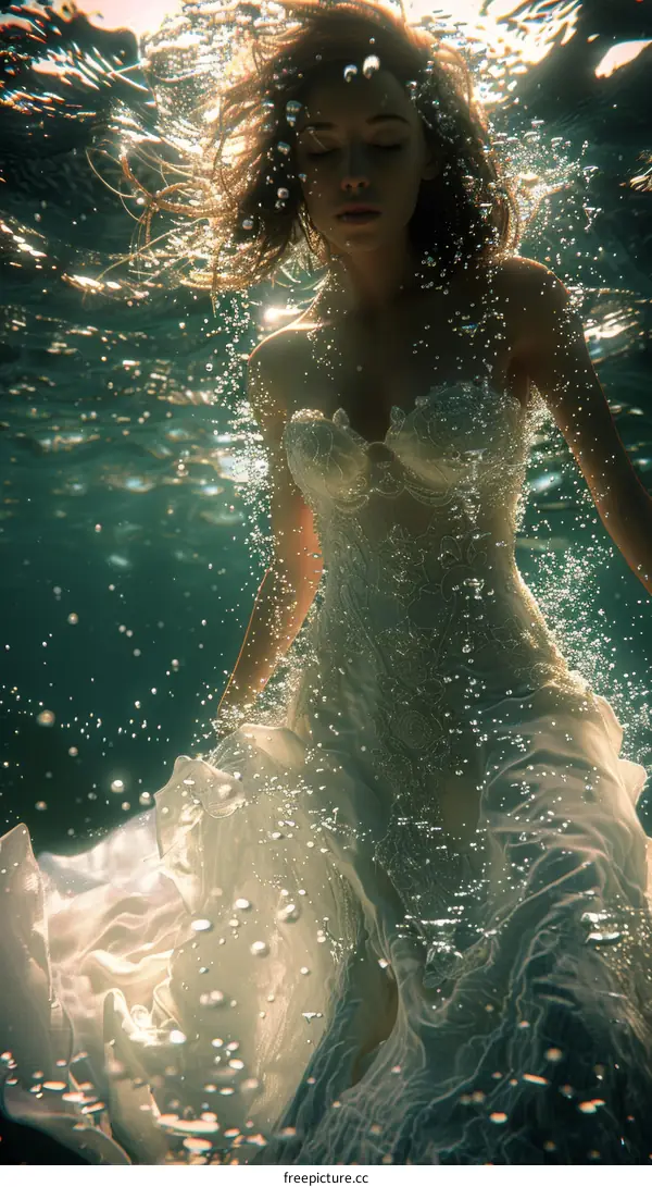 An ethereal underwater portrait of a woman in a white dress