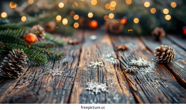 Festive Christmas Background with Fir Branches, Pine Cones, and Decorations