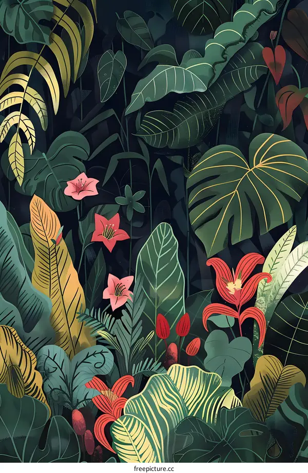 Tropical Jungle Leaves and Flowers Illustration