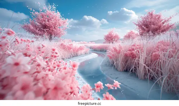 Mesmerizing Pink Surreal Winter Wonderland with River