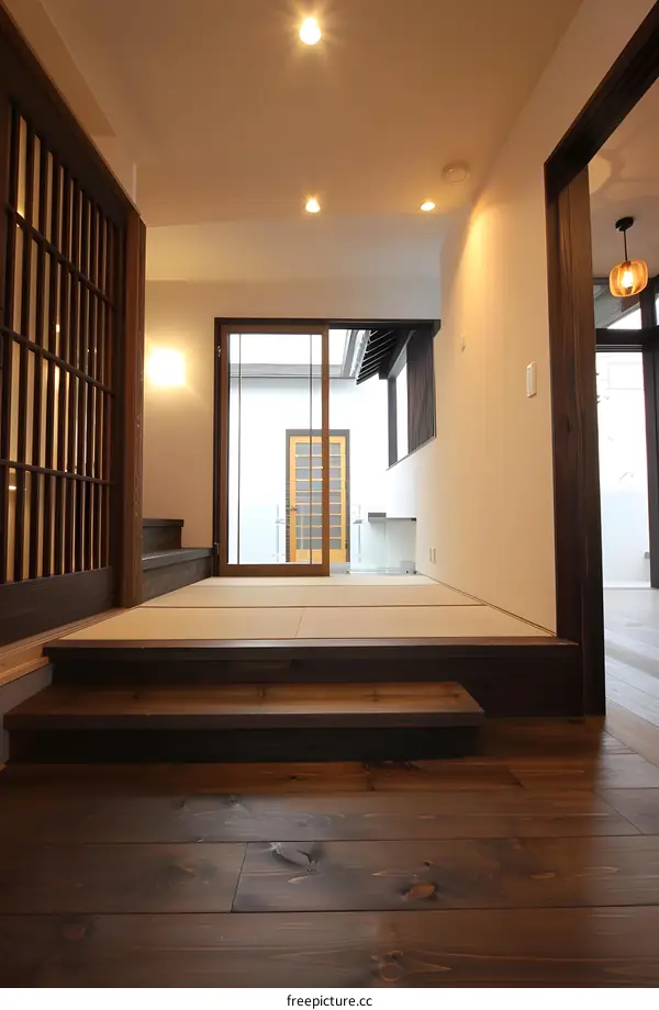 Traditional Japanese Home Entrance With Wooden Steps And Tatami Mat