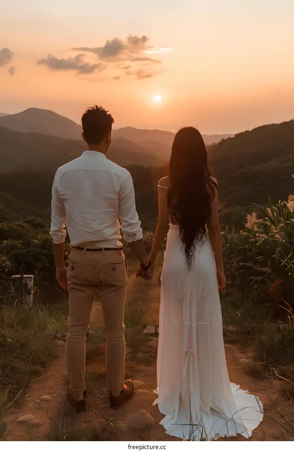 Couple Holding Hands, Watching Sunset Over Mountains