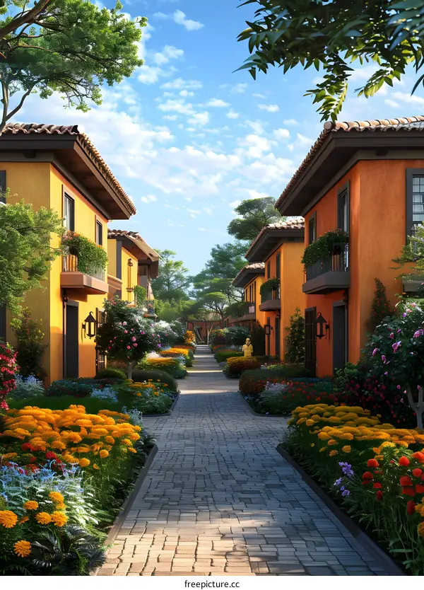 Colorful mediterranean style townhouses with beautiful landscaping