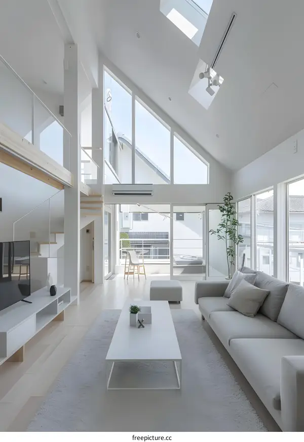 Modern White Living Room with Skylights and Balcony