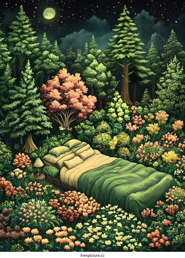 Bed In The Forest Under The Moonlight