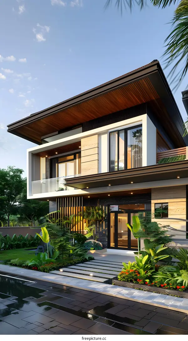 Modern House Exterior with Swimming Pool and Landscaping