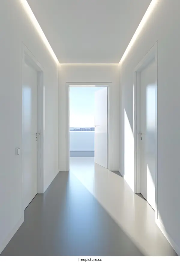 Modern White Hallway With Open Doors Leading To Balcony With City View
