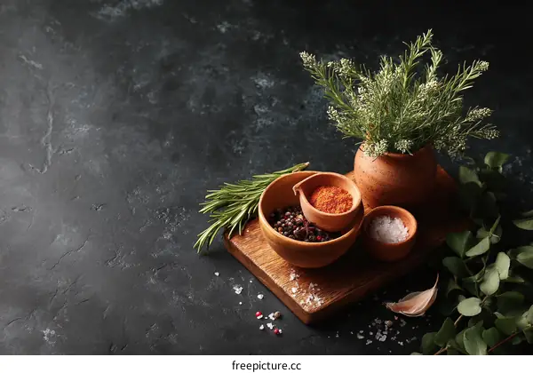 Spice and Herbs Arrangement on Dark Stone Surface