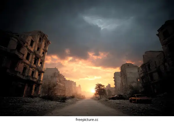 War-Torn Cityscape at Sunset