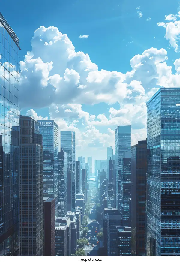 A bustling metropolis with skyscrapers reaching towards the sky