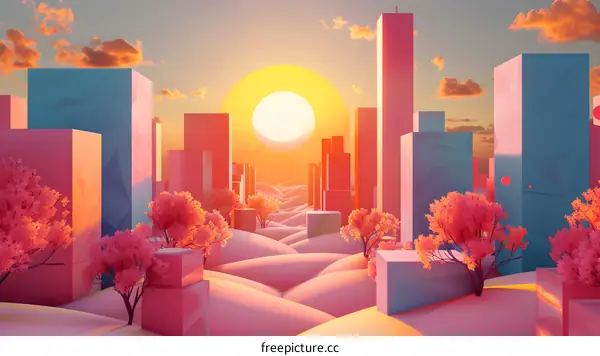 Pink and blue geometric city illustration