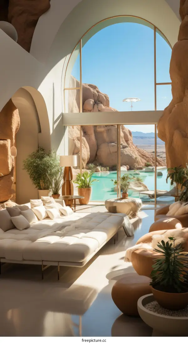 Modern luxury house interior living room with huge windows and amazing desert mountain view