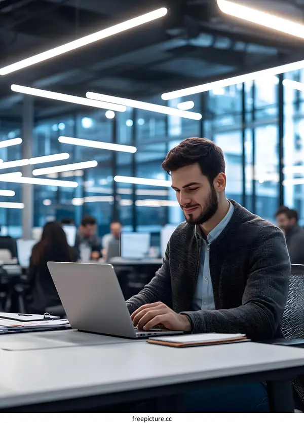 Man Working on Laptop in Modern Office