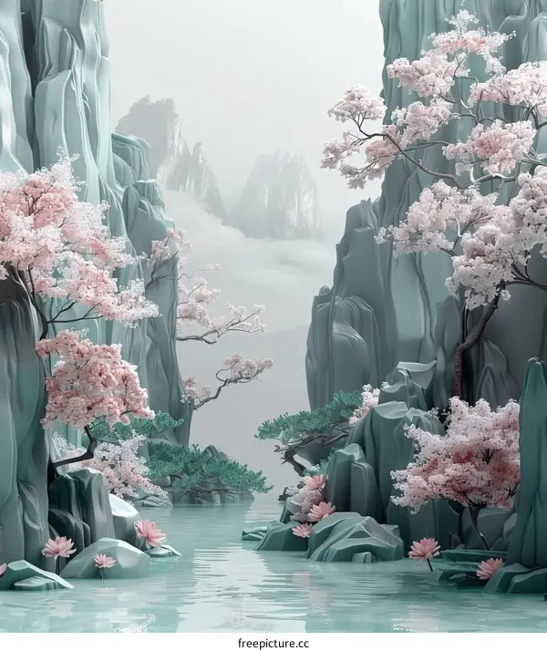 Misty Mountain Valley with Cherry Blossoms