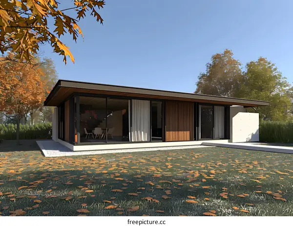 Modern House Design with Large Windows and Autumn Leaves