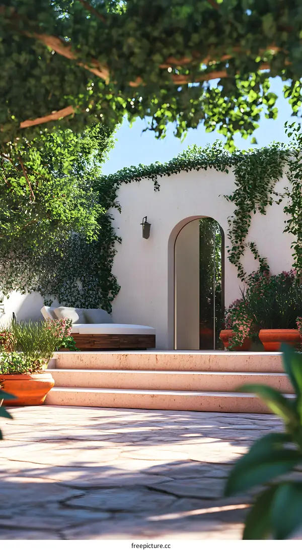 Mediterranean Style Patio with White Wall and Arch