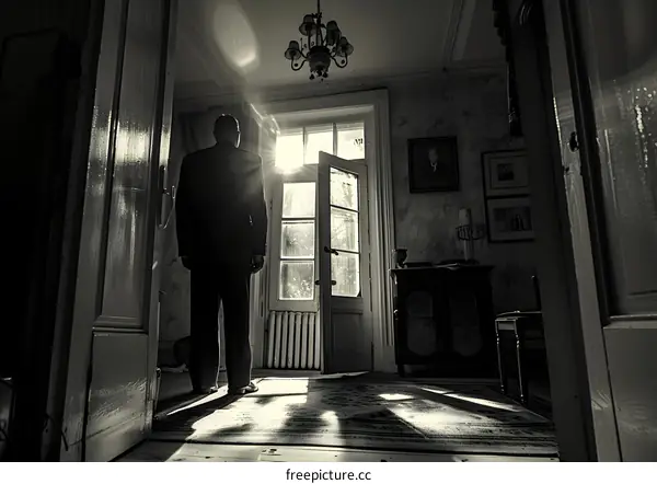 An old man standing in a doorway looking out at the light.