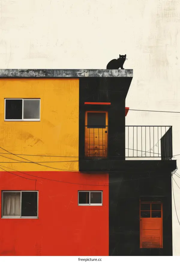 Black cat on the colorful building rooftop
